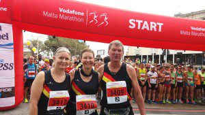Cath, Jackie and Richard at the start line of the Malta Half Marathon